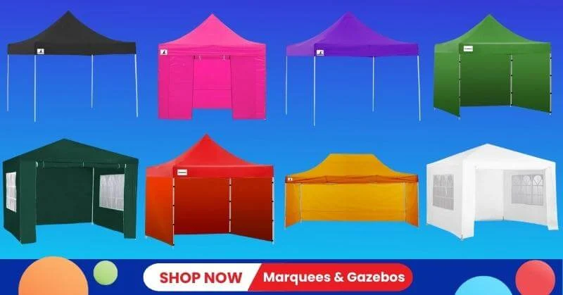 Various Wallaroo gazebos and marquees on a blue background